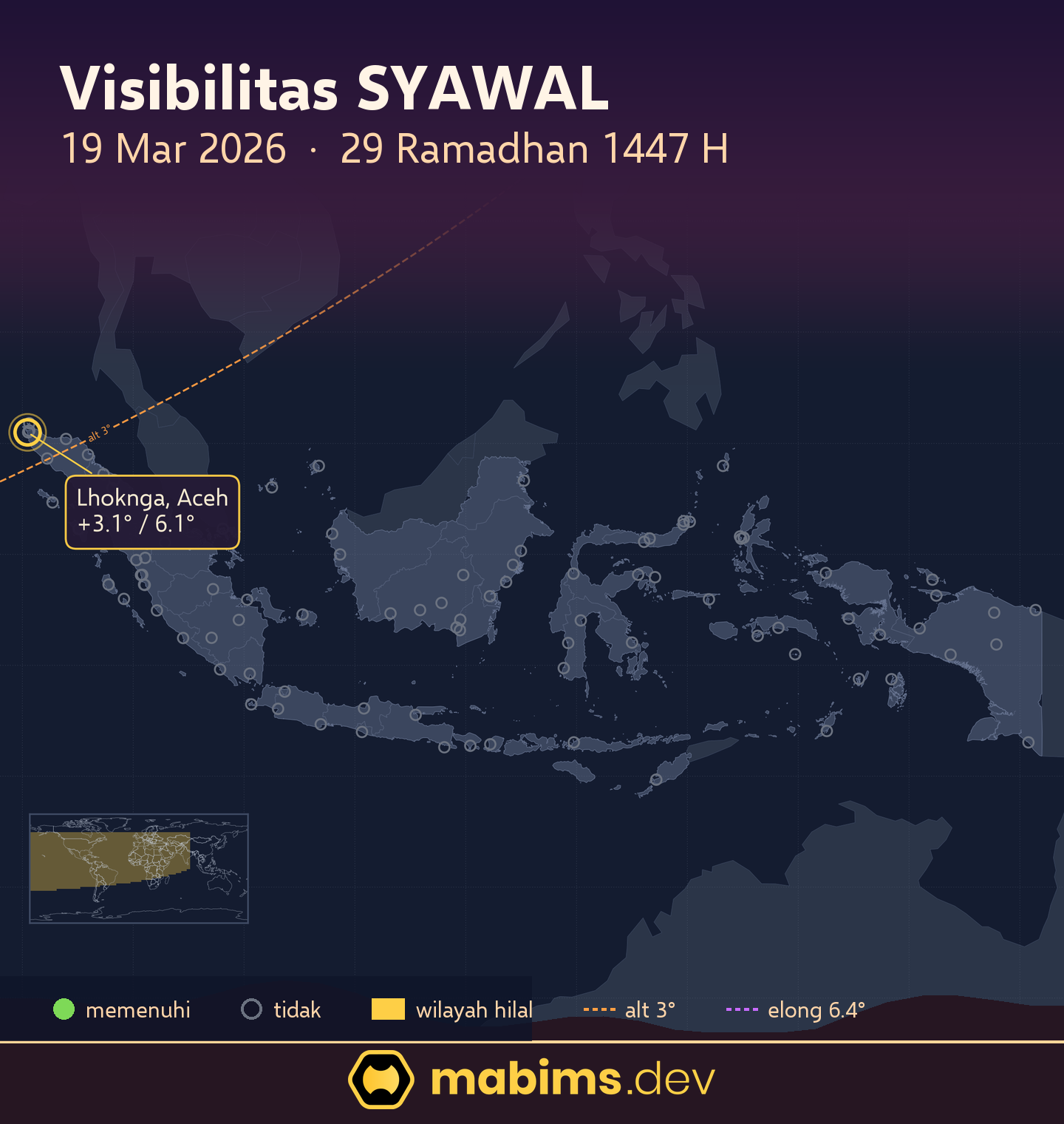 Peta wilayah visibilitas hilal Syawal 1447 H