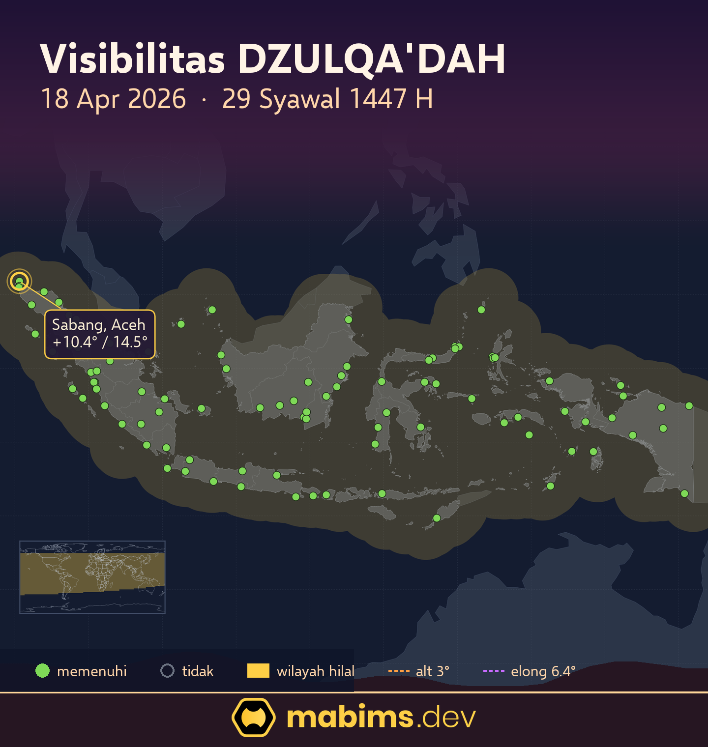 Peta wilayah visibilitas hilal Dzulqa'dah 1447 H