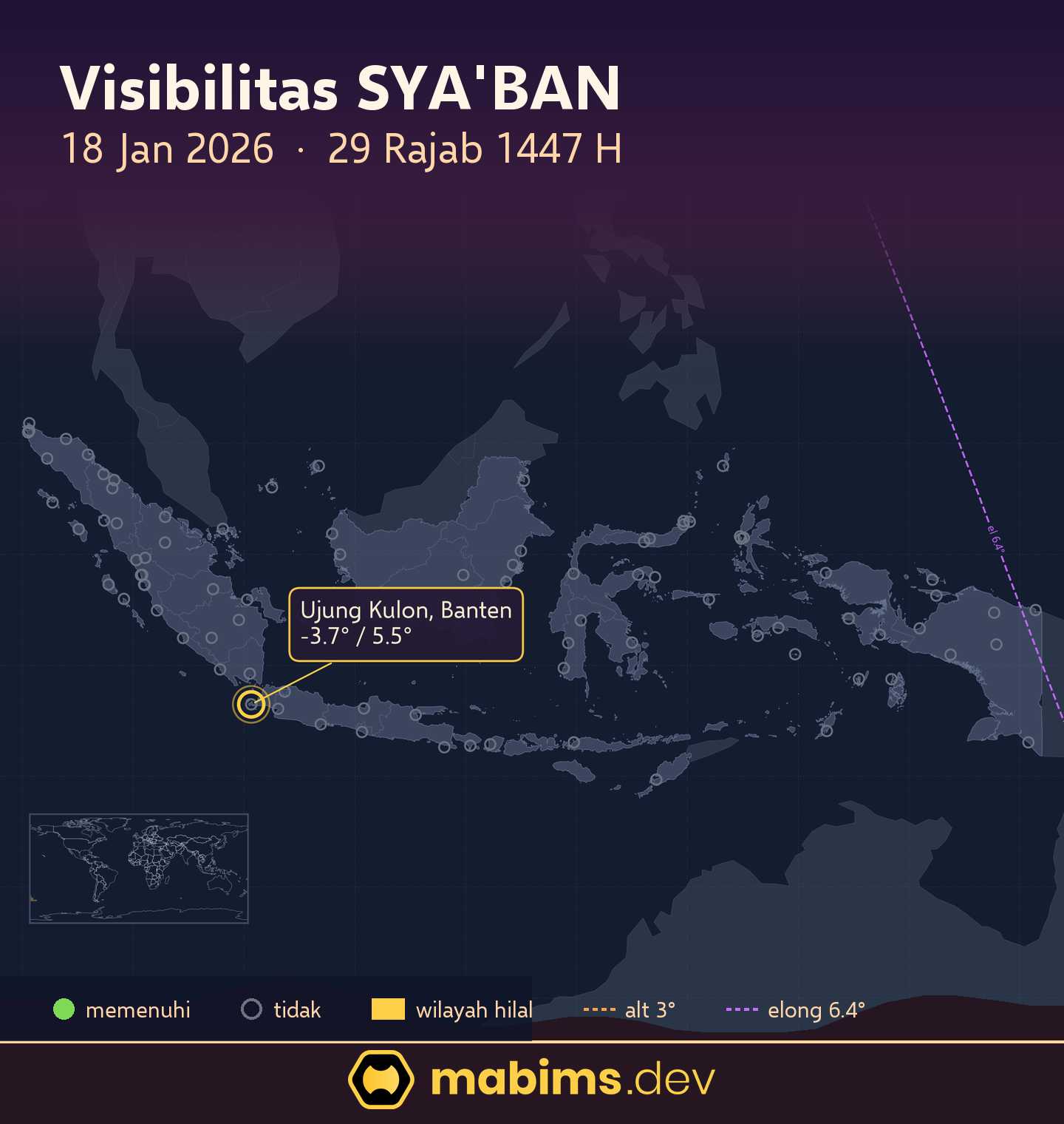 Peta wilayah visibilitas hilal Sya'ban 1447 H